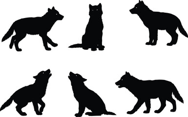 Wolf silhouette collection, sitting wolf, howling wolf, walking wolf, standing wolf, black wolf vector design, wild animal shadow illustration art