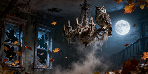 Obraz premium Owl Perched on Chandeliers with Full Moon in Abandoned Building with Broken Window and Autumn Leaves