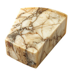 Polished block of material displays a complex network of brown and tan veining throughout its creamy, off-white surface, contrasting against a solid black backdrop.