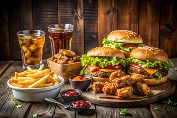 A tempting spread of american fast food, featuring juicy burgers, crispy fried chicken, golden french fries, and refreshing drinks