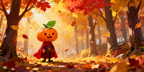 Pixel Art Pumpkin Head Figure in Autumnal Forest with Sunlight and Falling Leaves
