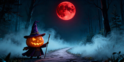 Pumpkin Head Character Wearing a Hat in Dark Forest with Red Moon Halloween Scene