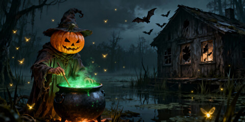 Pumpkin Head Figure Stirring Green Potion in Dark Swamp Scene with Dilapidated Cabin and Bats Silhouetted Against Ominous Sky