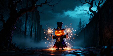 Pumpkin Head Figure Holds Sparklers Under Blue Night Sky During Halloween