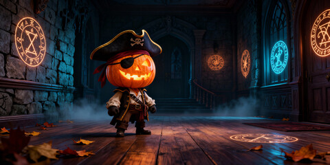 Pumpkin Head Pirate Character in Dark Stone Hallway with Glowing Symbols and Scattered Autumn Leaves