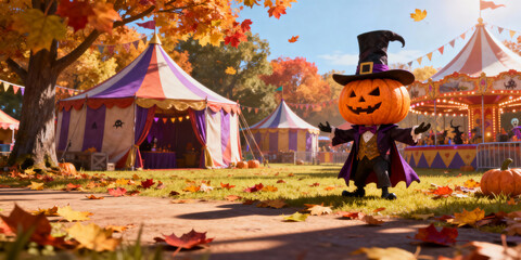 Pumpkin Head Figure with Purple Cape and Black Hat Standing on Lawn with Carnival in Autumn Season