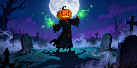 Pumpkin Headed Character with Green Magic in Graveyard Under Full Moon Pixel Art Style in Dark Blue and Purple Background