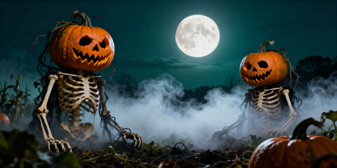 Pumpkin Head Skeletons in Foggy Field under Full Moon Halloween Theme