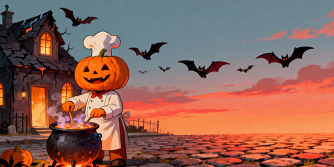 Pumpkin Headed Chef Brewing in a Cauldron Near a Haunted House at Dusk Pixel Art Style