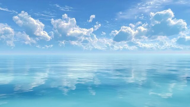 Seamless looping time lapse of a tranquil ocean under a bright blue sky with fluffy white clouds reflected on the calm water surface during midday