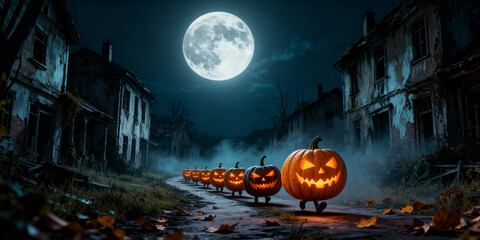 Pumpkin Parade Under a Full Moon on a Spooky Street at Night in Rural Town
