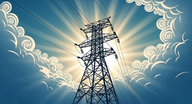Power Grid Tower Silhouette Against a Bright Sky. - Powered by Adobe