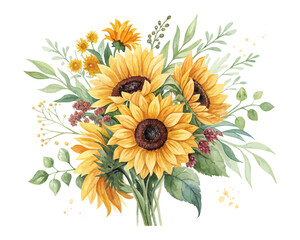 Watercolor Summer Sunflower Bouquet Hand Painted Isolated on White background