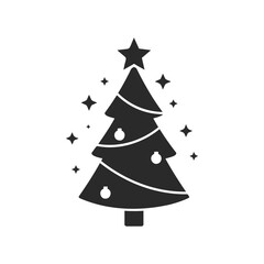 Obraz premium Simple black and white christmas tree with ornaments and stars on white background