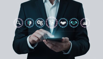 Smart Technology in Action: A professional in a smart suit effortlessly uses a sleek smartphone, seamlessly blending cutting-edge technology with modern business