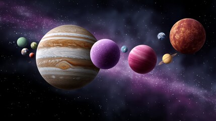 Colorful planetary alignment featuring various celestial bodies including gas giants and rocky planets, set against a starry cosmic background, illustrating the vastness of the universe and its wonder