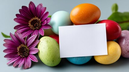 Colorful Easter eggs arranged with vibrant flowers and a blank card for customization, creating a festive atmosphere perfect for spring celebrations and holiday greetings
