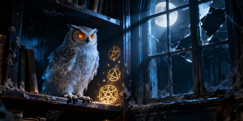 White Owl with Glowing Eyes Perched on Bookshelf Near Window at Night with Full Moon