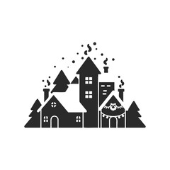Silhouetted winter village with snow-covered houses and pine trees