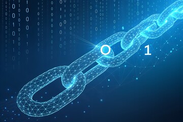Blockchain Symbolism: Glowing Blue Wireframe Chain with Binary Code Background Representing Digital Connectivity