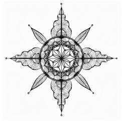 Celestial Geometric Design: An intricately detailed, monochrome illustration presents a symmetrical geometric pattern, radiating a sense of balance and cosmic beauty.