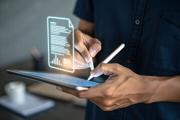 Businessman using stylus to sign digital documents on tablet. Concept of electronic signature, e-contract, paperless workflow and secure digital transformation for modern business.