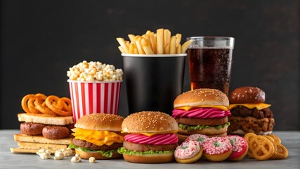 A delicious assortment of fast food including burgers, french fries, popcorn, donuts, and onion rings, presented against a dark background