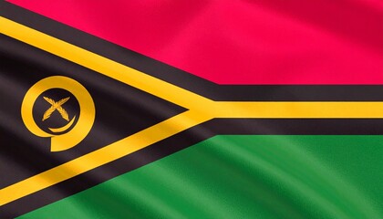 A golden tusk encircles peace—Vanuatu’s flag flows in red, green, black, and yellow, where island blood meets fertile land and ancestral wisdom radiates outward. It’s a banner of tradition and light, 