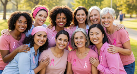 Fototapeta premium Diverse Women United in Pink for Breast Cancer Awareness Month Celebration