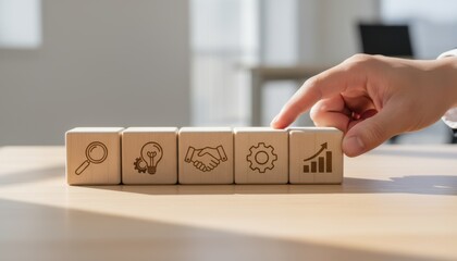 Business Process: A close-up shot of a hand arranging wooden blocks. Each block features a relevant icon, suggesting steps in a successful business process. This image speaks to innovation, strategy.