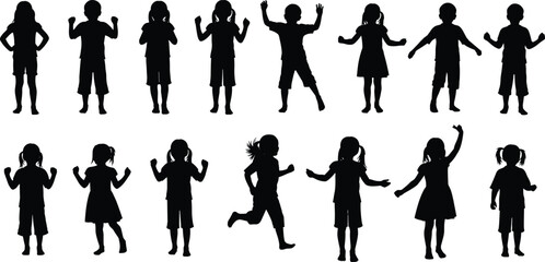 Silhouettes of playful children, diverse poses, expressive movement, black figures on white background, perfect for animation, behavior study, motion design, and education