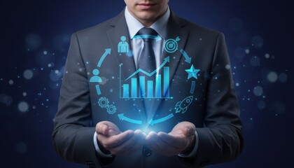 A Visionary in the Business World: A sharp businessman holds a glowing digital representation of a growth chart, set against a sleek blue backdrop.