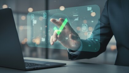 Digital Confirmation: A modern professional interacting with a futuristic, transparent display showing a checkmark, signifying approval and completion in a high-tech office environment. 