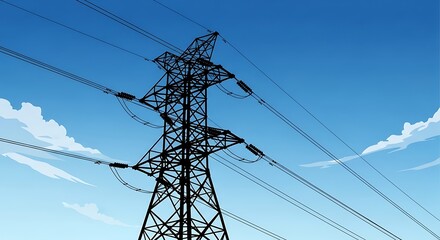 Power lines and transmission tower against a clear blue sky with white clouds.