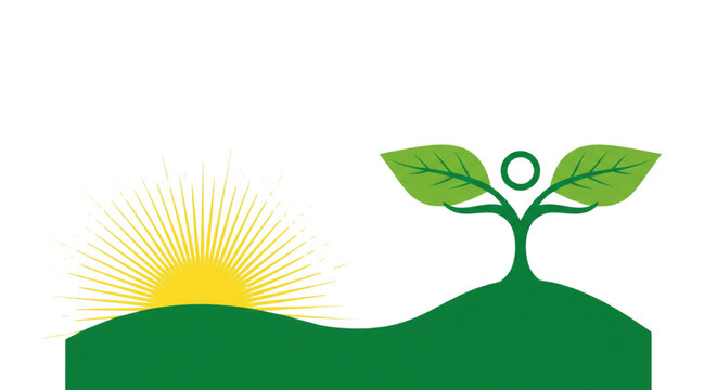 Bright graphic illustration of a stylized human-tree on green hills with a radiant rising sun, representing nature, growth, and well-being.
