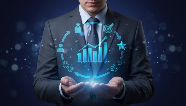 A Visionary in the Business World: A sharp businessman holds a glowing digital representation of a growth chart, set against a sleek blue backdrop.