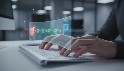 Setting Goal: The business professional focuses on goal setting, working with a futuristic user interface, striving for high goals