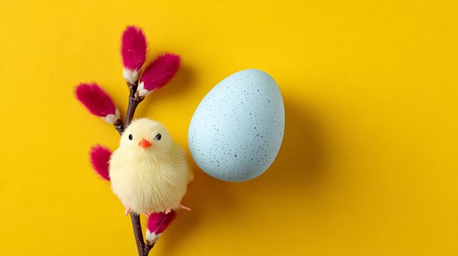 Colorful spring-themed arrangement featuring a fluffy yellow chick, a pastel blue egg, and vibrant pink pussy willow branches against a bright yellow background, celebrating the joy of Easter and rene