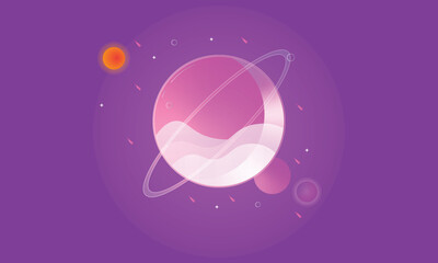 Whimsical planet with rings on a vibrant purple gradient background