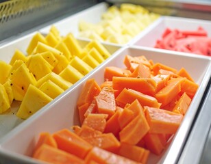 Freshly cut fruit cubes in display trays
