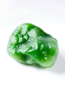 Rough green nephrite jade stone on white background.