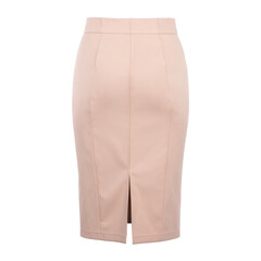 Elegant, formal pencil skirt in a pale beige color with a slit at the back, showcased against a solid black background for product display or fashion presentation.