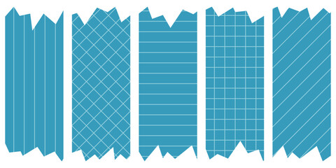 Set of blue washi tapes with patterns isolated on white. Tapes collection in vector. Pieces of decorative tape for scrapbooks. Torn paper. Lines, cell