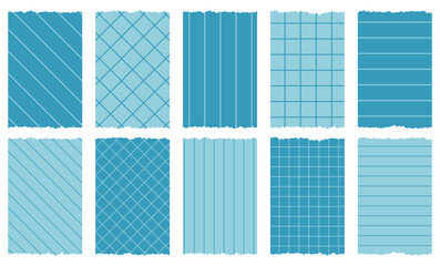 Set of blue washi tapes with patterns isolated on white. Tapes collection in vector. Pieces of decorative tape for scrapbooks. Torn paper. Lines, cell