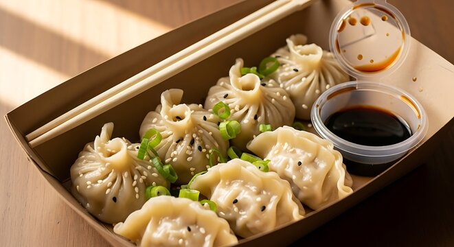 Delicious Steamed Dumplings in Takeout Box.