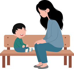 Mother and Child Sitting on Bench Illustration