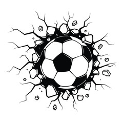 Dynamic soccer ball bursting through a cracked surface sporty action graphic silhouette