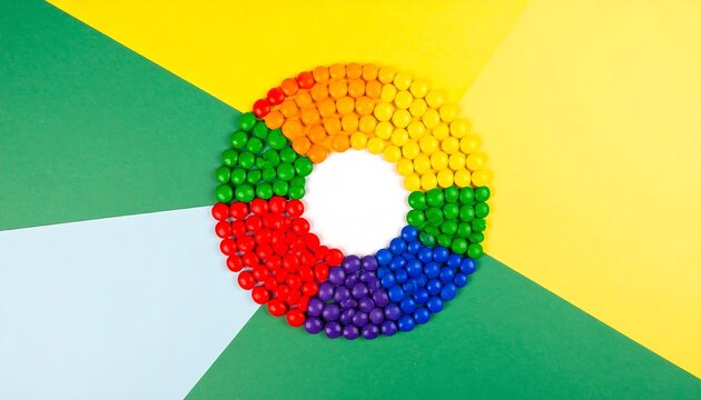 Rainbow colored candy circle on a tri-color background