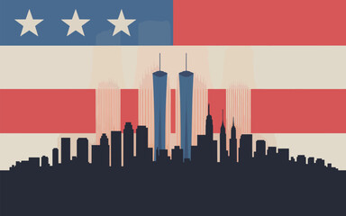 Twin Towers skyline with American flag background new york city