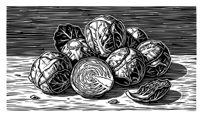 Brussels Sprouts in a Vintage Engraving Style